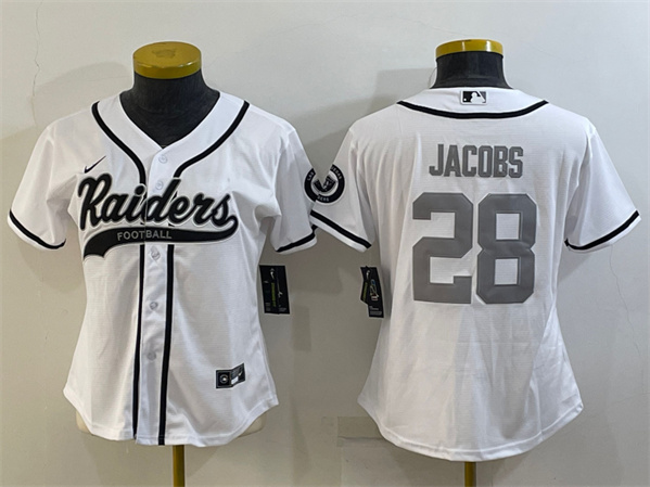 Youth Las Vegas Raiders #28 Josh Jacobs White Silver With Patch Cool Base Stitched Baseball Jersey
